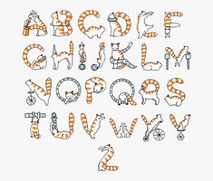 an orange and white alphabet with cats on it