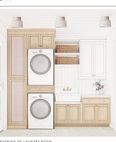 a laundry room with washer and dryer next to each other in front of cabinets