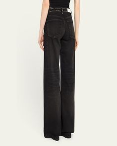 RE/DONE wideleg jeans featuring stud embellishment in black denim     Midrise; sits high on the hip    Fivepocket style     Relaxed fit     Full length    Button/zip fly; belt loops     Cotton/elasterellp/Lycra® spandex    Imported Black Wide-leg Flare Jeans With Belt Loops, Black Wide Leg Flare Jeans With Belt Loops, Mid-rise Washed Black Flare Jeans With Belt Loops, Wide Leg Jeans In Washed Black With Belt Loops, Black High Rise Jeans With Button Zip Fly, Black Wide Leg Flare Jeans In Rigid Denim, Edgy High Rise Flare Jeans, Full Length Black Rigid Denim Bottoms, Black Full-length Rigid Denim Bottoms