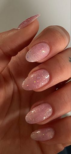 almond nails 
glitter nails
natural nails
pink nails
summer nails
spring nails 
girly nails Sparkly Pink Short Nails, Pastel Pink Glitter Nails, Pink Nye Nails, Light Pink Nails Glitter, Birthday Nails Almond Shape, Light Pink Nails With Glitter, Simple Pink Nails, Pink Shimmer Nails, Glitter Acrylic Nails