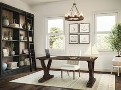 a living room scene with focus on the dining table and bookshelf in the background