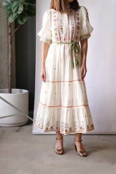 Almais Lovella Tiered Midi Dress - Ivory on Garmentory Colour Representation, Elegant Midi Dress, Elegant Midi Dresses, Product Shots, Rope Belt, Garment Fabric, Holiday Party Outfit, Gathered Sleeves, Tiered Midi Dress