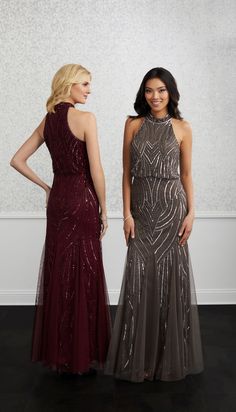 two women standing next to each other in formal wear and one is wearing a dress with sequins