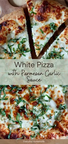 white pizza with parmesan garlic sauce is cut into slices on a cutting board