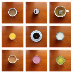 eight different types of coffee cups sitting on top of a wooden table