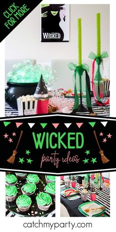 a party with cupcakes and green frosting on the table, decorated by witches