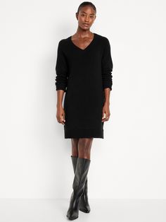 v-neck long sleeves rib-knit trim relaxed cocoon fit hits at thigh models are approx.  5'9" and wear sizes s (4), l (12), and xl (18)machine wash according to the care instruction label  . Best Holiday gift for Women , perfect Dresses for Christmas! Women’s Sweater Dress, Sweater Dress With Cowboy Boots, Black Sweater Dress With Boots, Black Dress With Boots, Black Dresses With Boots, Sweater Dress With Boots, V Neck Sweater Dress, Sweater Tunic Dress, Outfit Petite