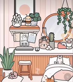 a cat is laying on the bed in front of a mirror and some potted plants