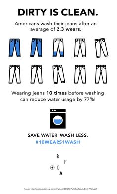 an advertisement for jeans that says dirty is clean, and it shows how to wash them