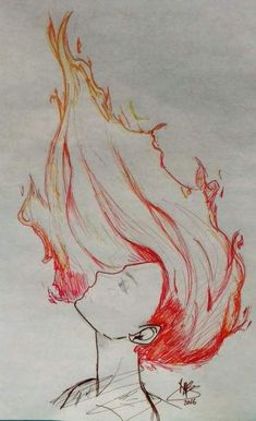 a drawing of a woman's head with red and yellow flames coming out of her hair