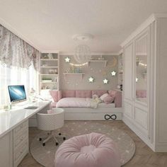 a bedroom with pink furniture and white walls