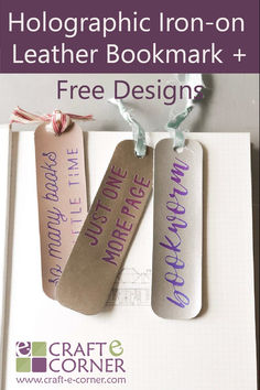 three bookmarks with the words free design on them and two ribbons tied to each other