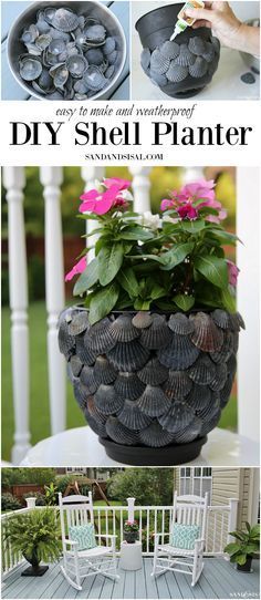 an easy diy shell planter is great for the patio or deck, and it's so pretty