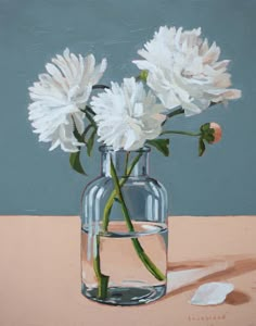 a painting of white flowers in a glass vase