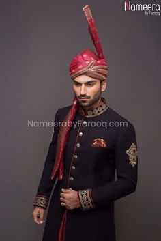 Pakistani Black Sherwani for Men with Dabka 2021 in Stylish design with hand embroidery kora, dabka and stone work. This Sherwani is looking so beautiful and best choice for groom for wedding event. Sherwani: Classy Sherwani in Black color is fully embellished with dabka. Black Jamawar sherwani with hand embroidered on collar and cuff is looking elegant. Sherwani fabric is jamawar. Kulla: Sherwani for Men is paired with beautiful Red Kulla which is embellished with gold work embroidery. Pajama: Red Sherwani, Black Sherwani, Prince Coat, Gold Work Embroidery, Sherwani For Men, Groom Wear, Gold Work, Disney Quotes, Stone Work