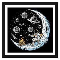 an astronaut is sitting on the moon with fire in his hand and planets around him