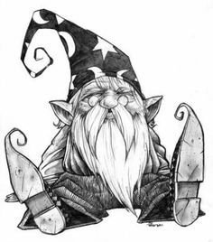 a black and white drawing of a gnome with two knives