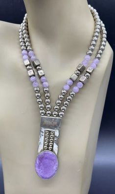 VINTAGE SILVER AMETHYST BEAD ARTISAN NECKLACE HAND MADE SIGNED FLORELLE 17" | eBay Artisan Purple Adjustable Necklace, Handmade Unique Amethyst Beaded Necklaces, Unique Handmade Amethyst Beaded Necklaces, Unique Purple Gemstone Bead Necklaces, Unique Amethyst Gemstone Beads Necklace, Artisan Amethyst Gemstone Beads Jewelry, Purple Sterling Silver Jewelry With Polished Beads, Unique Adjustable Amethyst Necklaces, Adjustable Amethyst Jewelry With Polished Beads