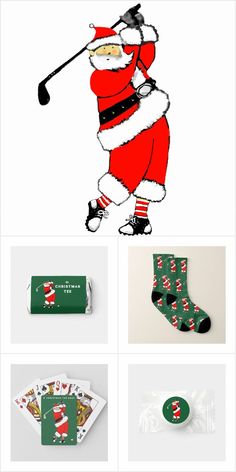 santa claus is playing golf with his green socks and christmas stockings, while other items are on