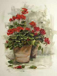 a painting of some red flowers in a pot