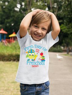 "Super cute First Day Of Preschool shirt, which little boy or girl doesn't love owls?! These shirts come personalized with year and name. We press our shirts with a professional heat press, use high quality transfer paper and ink and use a small business printer. We use infant bodysuits (one pieces) , sizes 0-3 months, 3-6 months, 6-12 months and 12-18 months. Infant lap tees sizes 6-12 months and 12-18 months. And we use toddler tees (2T, 3T, 4T, 5T) We also have Youth shirts sizes S, M and L. First Day Of Preschool Shirt, First Day Of Preschool, Preschool Shirts, Toddler Tees, Paper And Ink, Kids Tops, Transfer Paper, First Day, Heat Press