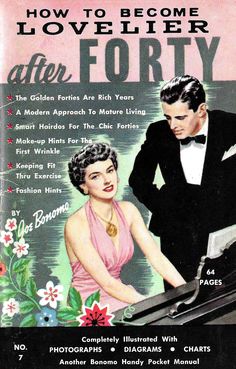 an old magazine cover shows a man and woman in formal attire, with flowers on the cover