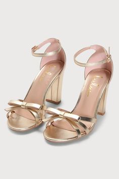 Gold Heels - Ankle Strap Heels - Bow Heels - Block Heels - Lulus Gold Heels Prom Lulus, Heels For Hoco, Bridesmaids Shoes, Gold High Heels With Bow, Glamorous Gold Heels With Bow, Trendy Gold Heels With 4-inch Heel, Gold Heels With Ankle Strap And 4-inch Heel, Gold Heels Prom, Hoco Heels