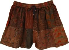 Feeling confident with these fiery shorts! The multi-pattern cotton shorts are perfect for the summertime, they come with an elastic drawstring waist for comfort and two pockets for storing essentials. The overall size runs a bit small. #tlb #Patchwork #Stonewash #Pocket #vacationclothing #Fall #Paisley #bohemianfashion #Cottonhalfpants #Unisexbohopants #Bohocargopants Hippie Short Skirt, Brown Cotton Drawstring Shorts, Brown Bohemian Shorts, Casual Multicolor Shorts For Festival, Casual Multicolor Festival Shorts, Brown Cotton Shorts For Beach, Casual Cotton Shorts For Festival, Bohemian Shorts With Pockets, Brown Bohemian Shorts For Summer