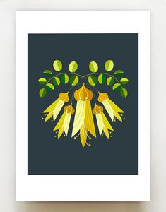 an art print with yellow flowers and green leaves on a dark background, framed in white paper