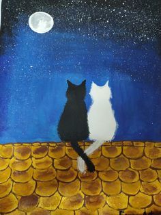 a painting of two cats sitting on top of a roof at night with the moon in the sky