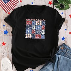 [DESIGN INSPIRATION]: The custom T-shirt uses the colors and star elements of the American flag, allowing the wearer to express their support and commemoration of the Independence Day of the United States, as well as the pursuit of the American spirit of freedom and the pride of being an American. Black Graphic Print T-shirt For Memorial Day, Patriotic Multicolor T-shirt With Graphic Print, Multicolor Graphic Print T-shirt For 4th Of July, Patriotic Multicolor Graphic Print T-shirt, Americana T-shirt With American Flag For Memorial Day, Patriotic Relaxed Fit T-shirt Made In Usa, Patriotic T-shirt Made In Usa For Veterans Day, Cheap Patriotic T-shirt With American Flag Print, American Independence