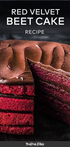 a red velvet beet cake with chocolate frosting on top and one slice cut out