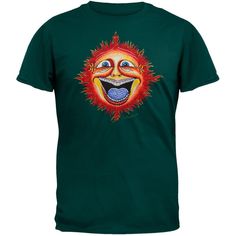 Huge Smilin' Sun is embroidered on the front of this dark green cotton shirt. The embroidery is awesome - the colors are bold and bright - this is a fine, fine shirt. Trendy Tee, Travel Beach