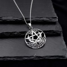 Real 925 Sterling Silver Celtic Moon Pentagram Necklace This simple yet elegant necklace features a sterling silver Celtic Moon Pentagram on a Dainty Sterling silver cable chain. Charm Measures 38 x 27mm Jewelry will come in a gift box * Please read shop policy before placing an order * *JEWELRY CARE* Sterling Silver will tarnish over time, but to help keep your jewelry looking beautiful - Clean with a soft dry cloth after wear and store inside an airtight bag or container. Remember to remove yo Sterling Silver Star Of David For Jewelry Making, Gothic Silver 925 Stamped Jewelry, Gothic Silver Jewelry Stamped 925, Gothic Silver Round Necklace, Silver Gothic Round Necklace, Silver Star Of David Necklace Stamped 925, Gothic Sterling Silver Clavicle Necklace, Gothic Sterling Silver Clavicle Chain Necklace, Sterling Silver Gothic Clavicle Necklace