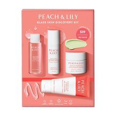 Poreless. Luminous. Translucent-looking skin can be yours with Peach & Lily's Glass Skin Discovery Kit. Glass skin is healthy skin that glows-from-within and has refined texture. This four-step routine delivers Glass Skin radiance and caters to your skin's needs, regardless of skin type or concern. KEY INGREDIENTS: Peach Extract: full of vitamins, antioxidants, and essential fatty acids help keep skin visibly firm, radiant, and resilient Hyaluronic Acid Complex: designed to draw moisture to the Glass Skin Routine, Matcha Pudding, Peach Lily, Skin Essence, Peach And Lily, Gel Cleanser, Skin Routine, Skin Serum, Glass Skin