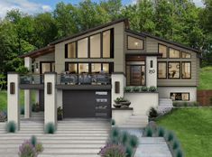 this is a computer rendering of a modern style house with lots of windows and doors