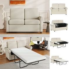 four different views of a white couch and coffee table