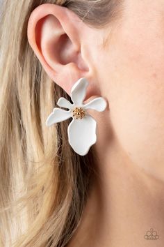 Featuring a golden studded center, asymmetrical white petals bloom into an abstract flower for a tropical inspired look. Earring attaches to a standard post fitting.

 Sold as one pair of post earrings. Bedazzled Jewelry, Yellow Petals, Petal Earrings, White Petals, Abstract Flower, Paparazzi Accessories, White Jewelry, Paparazzi Jewelry, White Earrings