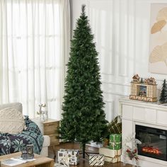 a living room with a christmas tree in the corner