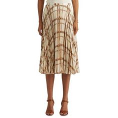 Women's Midi Skirt By Lauren Ralph Lauren! Cream And Tan Multi-Color. Metallic Shimmer. Pleated. Zipper Closure On Side. Size 2 -Flat Waist: 14.5" -Length: 30.5" Size 12 -Flat Waist: 17" -Length: 31.5" Size 14 -Flat Waist: 17.5" -Length: 32.5" Size 16 -Flat Waist: 19" -Length: 33" 100% Polyester. Hand Wash Cold Inside Out. Do Not Bleach. Hang To Dry. Cool Iron If Needed On Reverse Side. Do Not Dry Clean. 5.24 Pencil Skirt Fashion, Metallic Pleated Skirt, Ralph Lauren Skirts, White Denim Skirt, High Waisted Maxi Skirt, Pleat Skirt, Midi Flare Skirt, Tweed Pencil Skirt, Knee Length Skirt Pencil