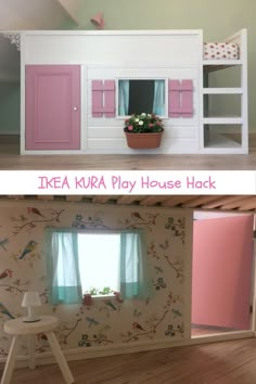 two photos side by side, one has pink doors and the other has white windows