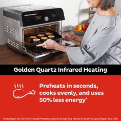 an advertisement for golden quartz infrared heating ovens in seconds, cooks evenly, and uses 50 % less energy