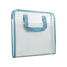 a white and blue shopping bag on a white background with clippings to the side