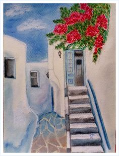 a painting of stairs leading up to a door with red flowers on the top and bottom