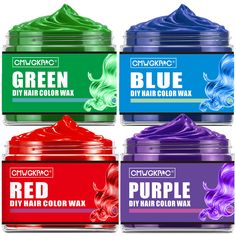 PRICES MAY VARY. 🌈💚【4 Colors Temporary Hair Color Wax】Green,Purple,Blue,Red Hair Color Wax ;Good solution for creating hair different colors. Easy to color, easy to wash, strong without damage to hair, no sticky. Style your favorite hairstyle and hair color anytime, anywhere. No more spending money on going to a hair salon. 🥑🌳【Hair Wax Color Natural 】This hair color wax is made of plant extracts:Beeswax White,Licorice&Glycyrrhiza Uralensis Extract,Tea Extract,Castor oil. No irritation,no dam Colored Hair Wax, Halloween Diy Hair, Washable Hair Dye, Natural Hair Color Dye, Orange Hair Dye, Hair Color Wax, Kids Hair Color, Blue Purple Hair, Green Hair Dye