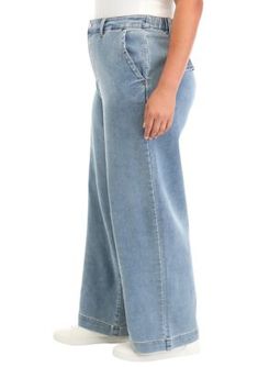 Side seam pockets, button closure, a back elastic waistband, and a back pocket flap detail define these wide-leg pants from TINSEL. | TINSEL Women's Plus Size Knit Denim Elastic Wide Leg Pants, 20 Knit Denim, Wide Leg Pants, Elastic, Wide Leg, Plus Size, Knitting, Pants