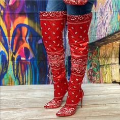 Cute And Stylish Bandana Style Over The Knee Pointed Toe Boots!! 4inches! #Blanco! See Matching Bag! Runs True To Size! Knee High Heel Boots, Girls High Heels, Knee Length Boots, Flat Heel Boots, Knee High Heels, Low Heel Boots, High Heel Boots Knee, Red Bandana, Boot Print