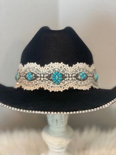 Hand crafted hat jewelry. Personalize it to however you like. From the Lace and ribbon to the stones. Adjustable Rhinestone Hat Bands For Festivals, Elegant Rhinestone Hats For Country Events, Elegant Rhinestone Hats For Festival, Elegant Rhinestone Festival Hats, Elegant Handmade Rodeo Hat, Adjustable Rhinestone Hat Bands For Western-themed Events, Elegant Handmade Hat Bands For Rodeo, Elegant Handmade Hat Bands For Country Events, Elegant Embellished Hats For Festival