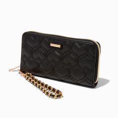 Claire's Quilted Black Hearts Wristlet Wallet Cheap Heart-shaped Wallets With Card Slots, Black Wristlet With Zipper Closure For Gift, Black Wristlet With Zipper Closure As Gift, Black Quilted Rectangular Wallet, Black Wristlet With Card Slots For Gift, Piercing Kit, Black Hearts, Fashionable Jewelry, Date Nights