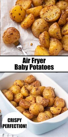 air fryer baby potatoes in a white dish with the words crispy perfection on it